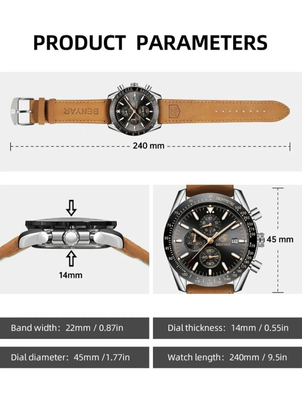 Men's Black Face Analog Brown Silicone Strap Chronograph Luminous Casual Watch
